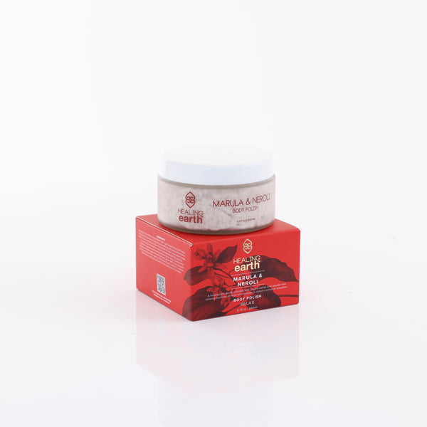 Scrub corpo Healing Earth Marula e Neroli packaging elegante rosso e oro prodotto naturale formato 200 ml