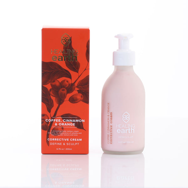 Packaging elegante arancione e oro per Crema corpo Healing Earth caffè cannella arancia skincare naturale